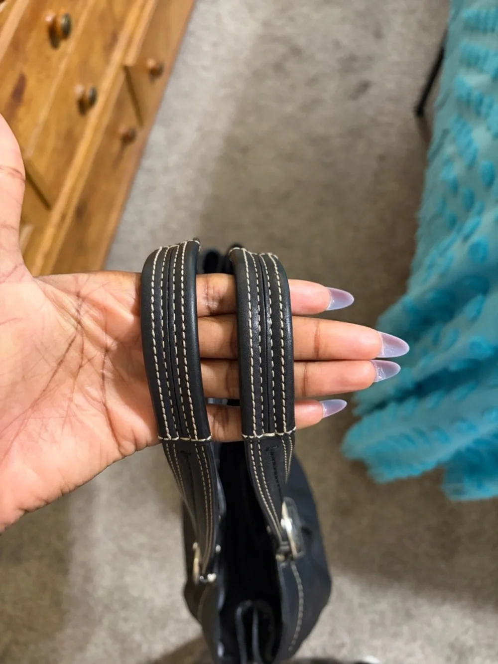 Coach Black Leather Shoulder Bag with White Contrast Stitching